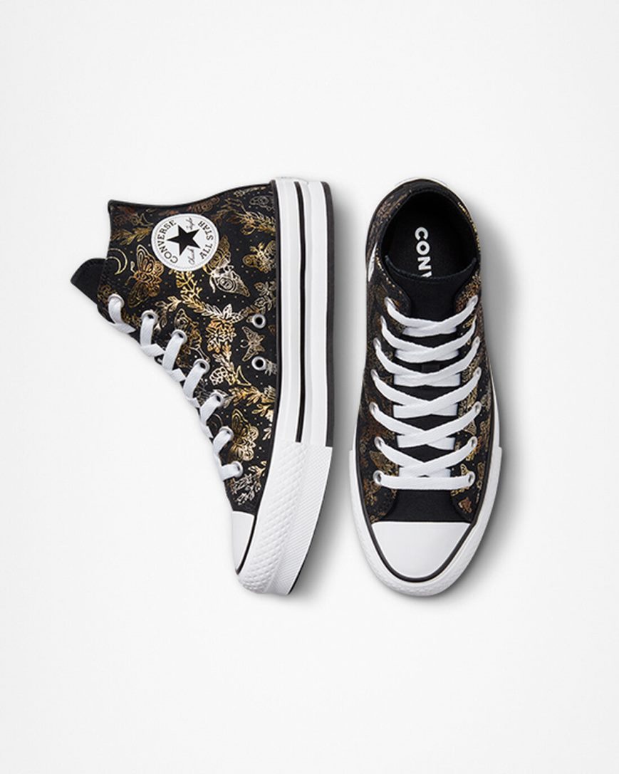 Topanky Na Platforme Converse Chuck Taylor All Star EVA Lift Butterfly Shine Vysoke Dievcenske Čierne Zlate Biele | SK UORI113